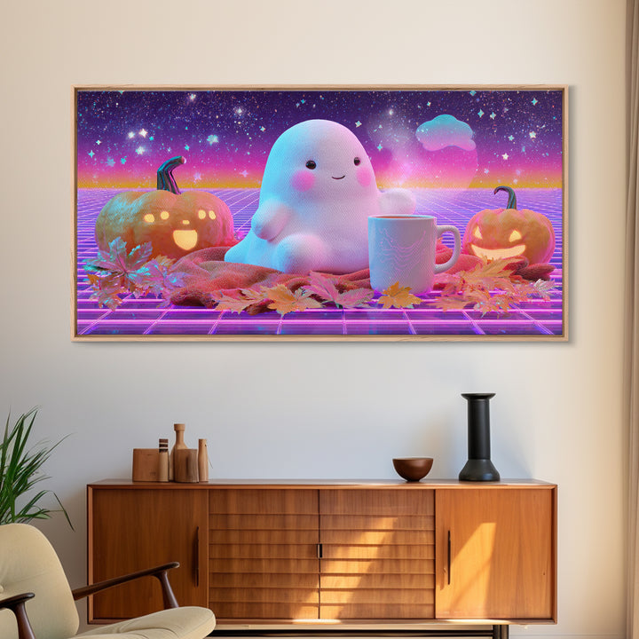 The Marshmallow Ghost, Cute Spooky Neon Art, Wide Panoramic Art, Canvas Print, Retro Halloween Decor, Neon Wall Art, Seasonal Home Decor