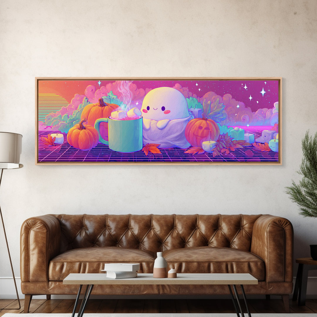 The Marshmallow Ghost, Retro Neon Halloween Art, Extra Wide Wall Art, Framed Canvas Print, Retro Halloween Decor, Neon Wall Art
