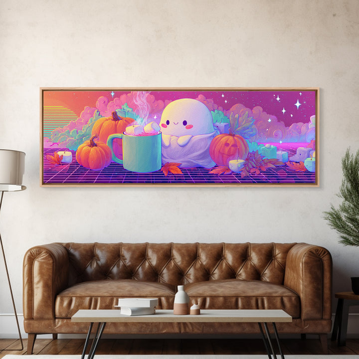 The Marshmallow Ghost, Retro Neon Halloween Art, Extra Wide Wall Art, Framed Canvas Print, Retro Halloween Decor, Neon Wall Art