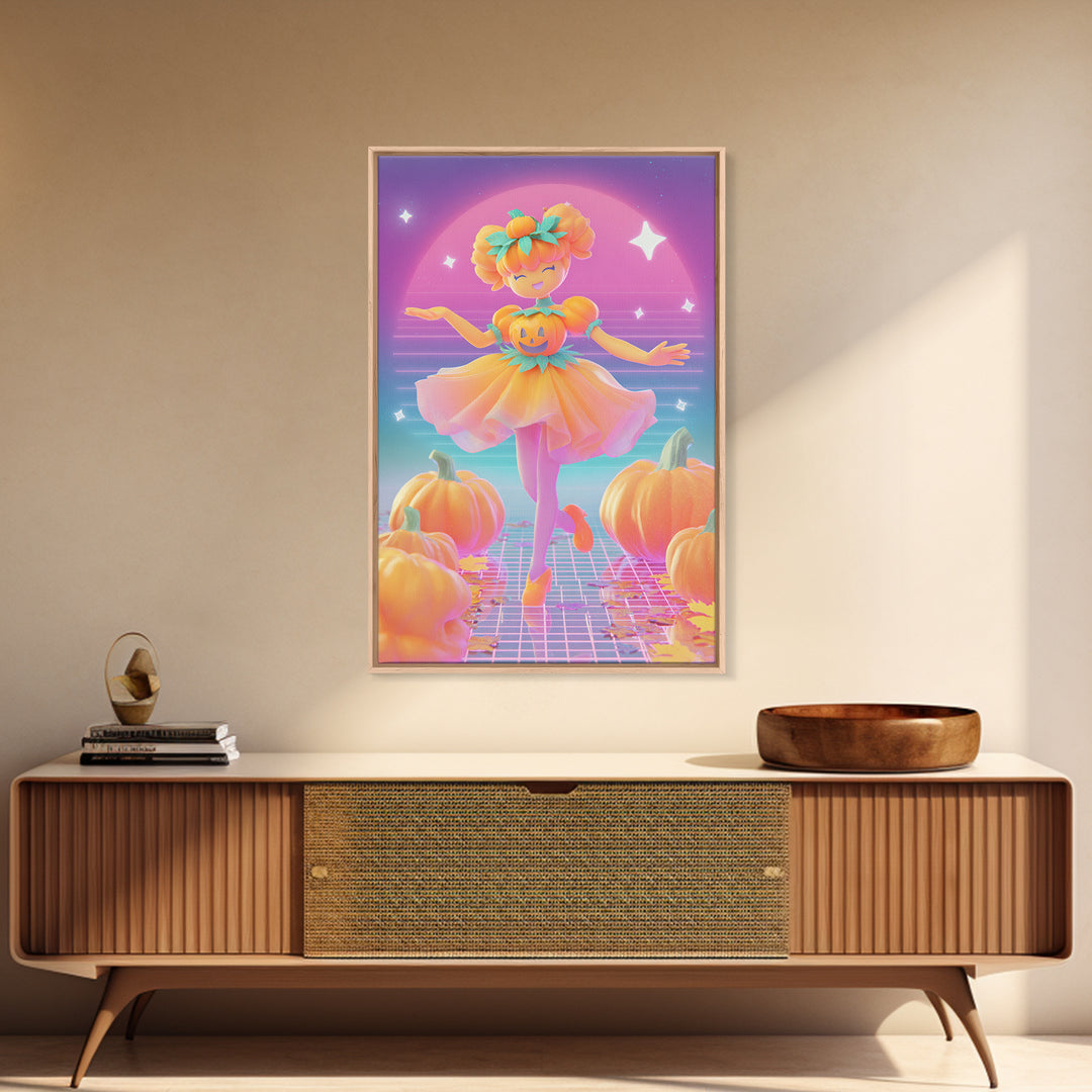 The Pumpkin Princess, Cute Spooky Neon Art, Vertical Wall Art, Framed Canvas Print, Retro Halloween Decor, Neon Wall Art, Dark Fantasy Art