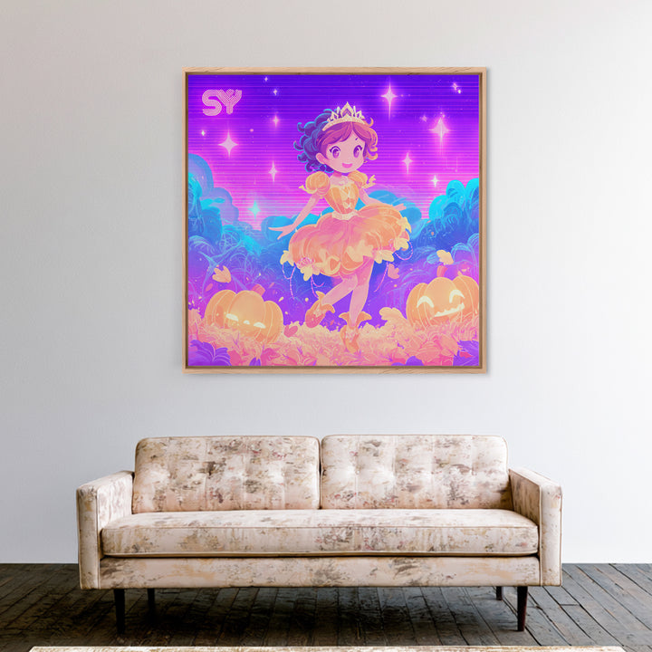 The Pumpkin Princess, Cute Spooky Neon Art, Square Wall Art, Canvas Print, Retro Halloween Decor, Neon Wall Art, Collectible Wall Decor