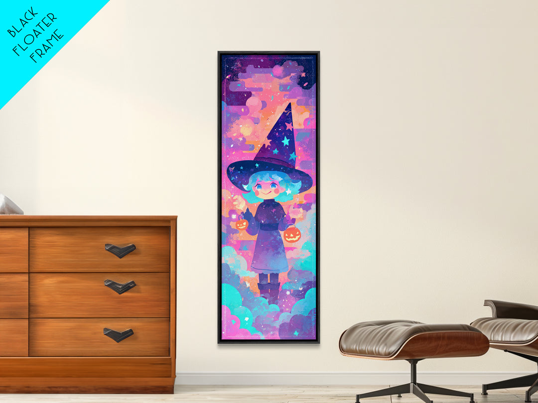 The Little Star Witch, Vaporwave Halloween Decor, Tall Narrow Wall Art, Framed Canvas Print, Retro Halloween Decor, Neon Wall Art