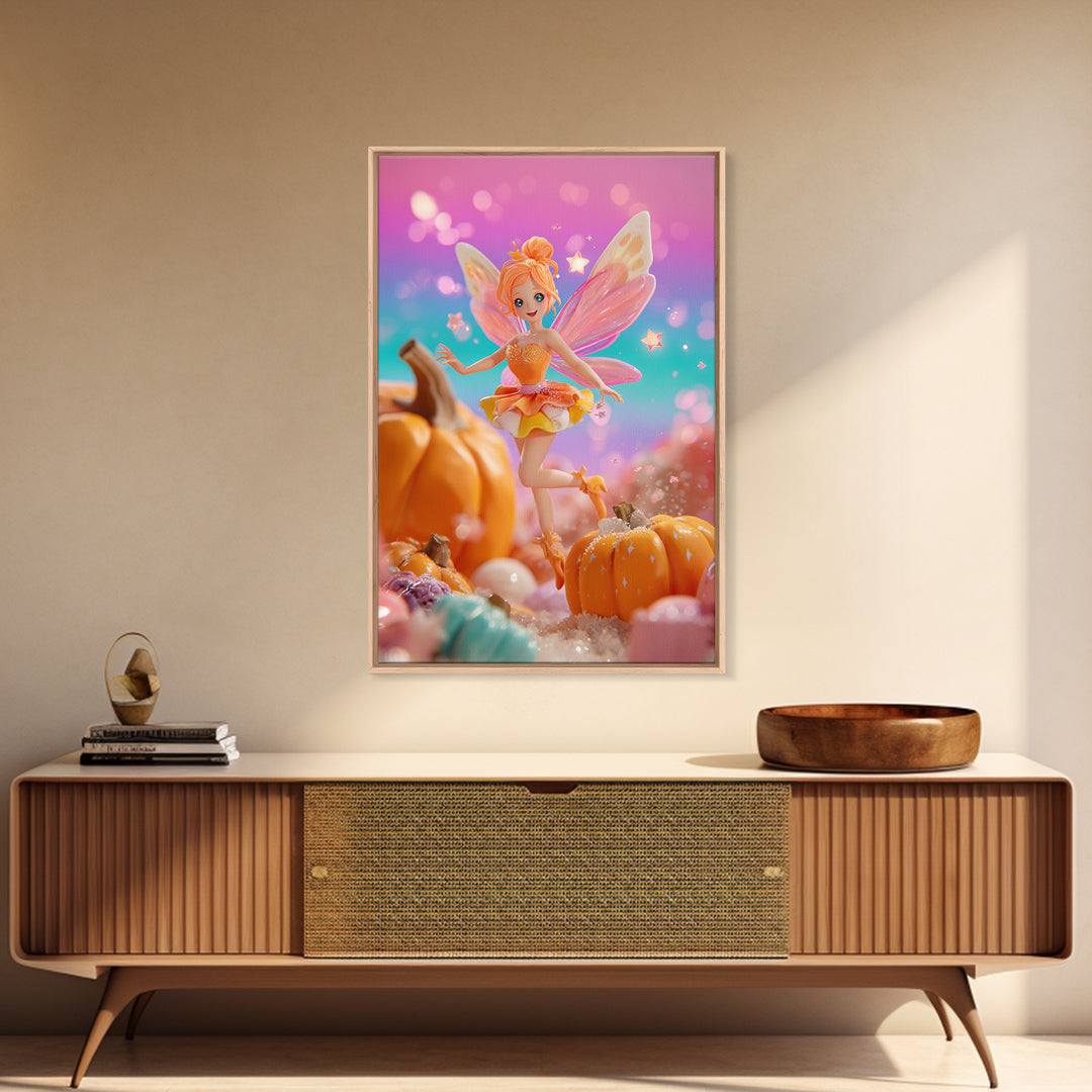 The Candy Corn Fairy, Retro Neon Halloween Art, Vertical Wall Art, Framed Canvas Print, Retro Halloween Decor, Neon Wall Art