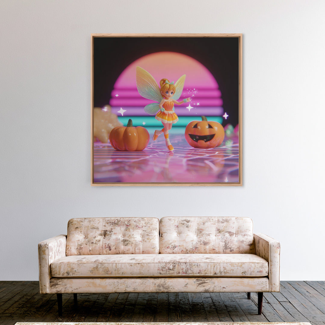 The Candy Corn Fairy, Vaporwave Halloween Decor, Square Wall Art, Canvas Print, Retro Halloween Decor, Neon Wall Art, Halloween Wall Art