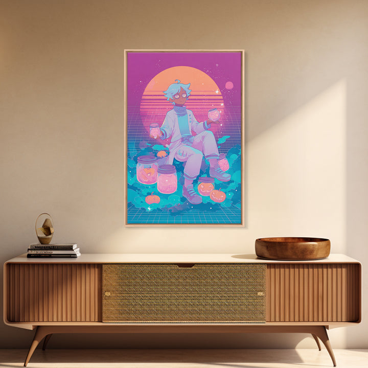 The Moonbeam Wizard, Vaporwave Halloween Decor, Vertical Wall Art, Framed Canvas Print, Retro Halloween Decor, Neon Wall Art