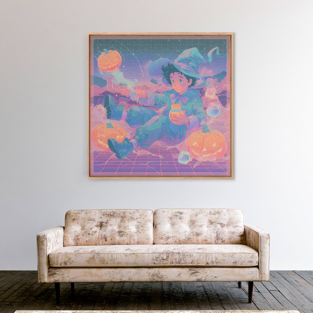 The Moonbeam Wizard, 80s Halloween Wall Art, Square Wall Art, Canvas Print, Retro Halloween Decor, Neon Wall Art, Collectible Wall Decor