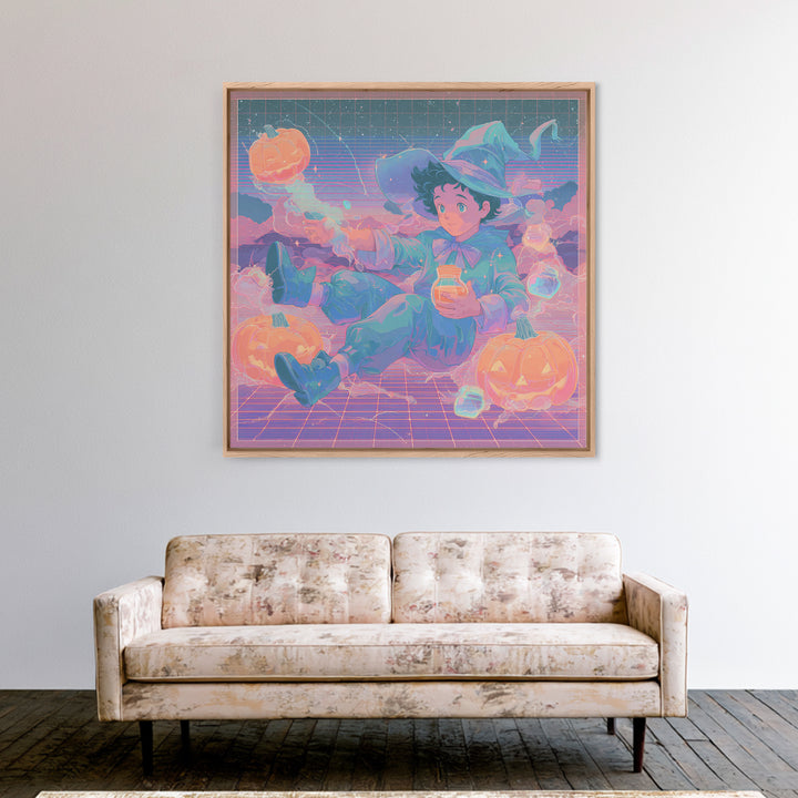 The Moonbeam Wizard, 80s Halloween Wall Art, Square Wall Art, Canvas Print, Retro Halloween Decor, Neon Wall Art, Collectible Wall Decor