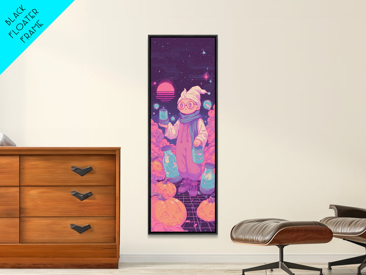 The Moonbeam Wizard, Retro Neon Halloween Art, Tall Narrow Wall Art, Framed Canvas Print, Retro Halloween Decor, Neon Wall Art