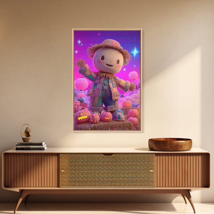The Button-Nosed Scarecrow, Retro Neon Halloween Art, Vertical Wall Art, Framed Canvas Print, Retro Halloween Decor, Neon Wall Art