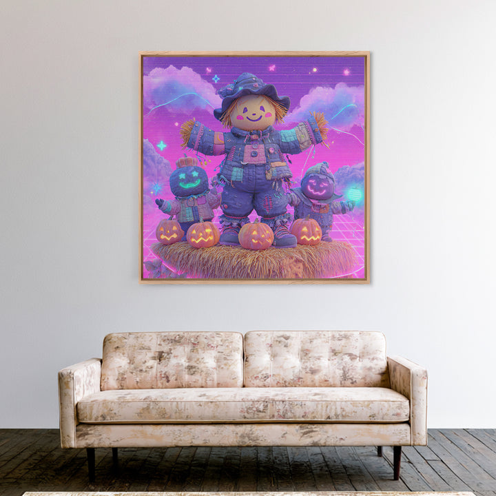 The Button-Nosed Scarecrow, Vaporwave Halloween Decor, Square Wall Art, Canvas Print, Retro Halloween Decor, Neon Wall Art, Macabre Wall Art