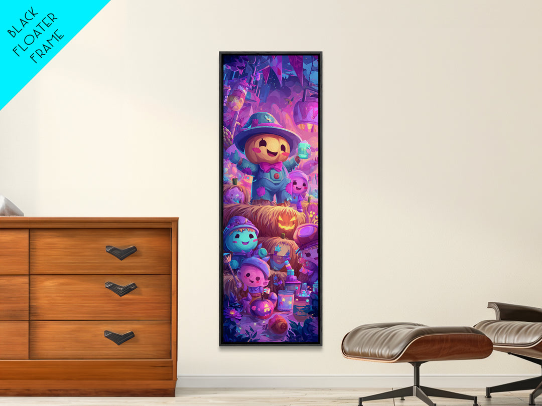 The Button-Nosed Scarecrow, 80s Halloween Wall Art, Tall Narrow Wall Art, Framed Canvas Print, Retro Halloween Decor, Neon Wall Art