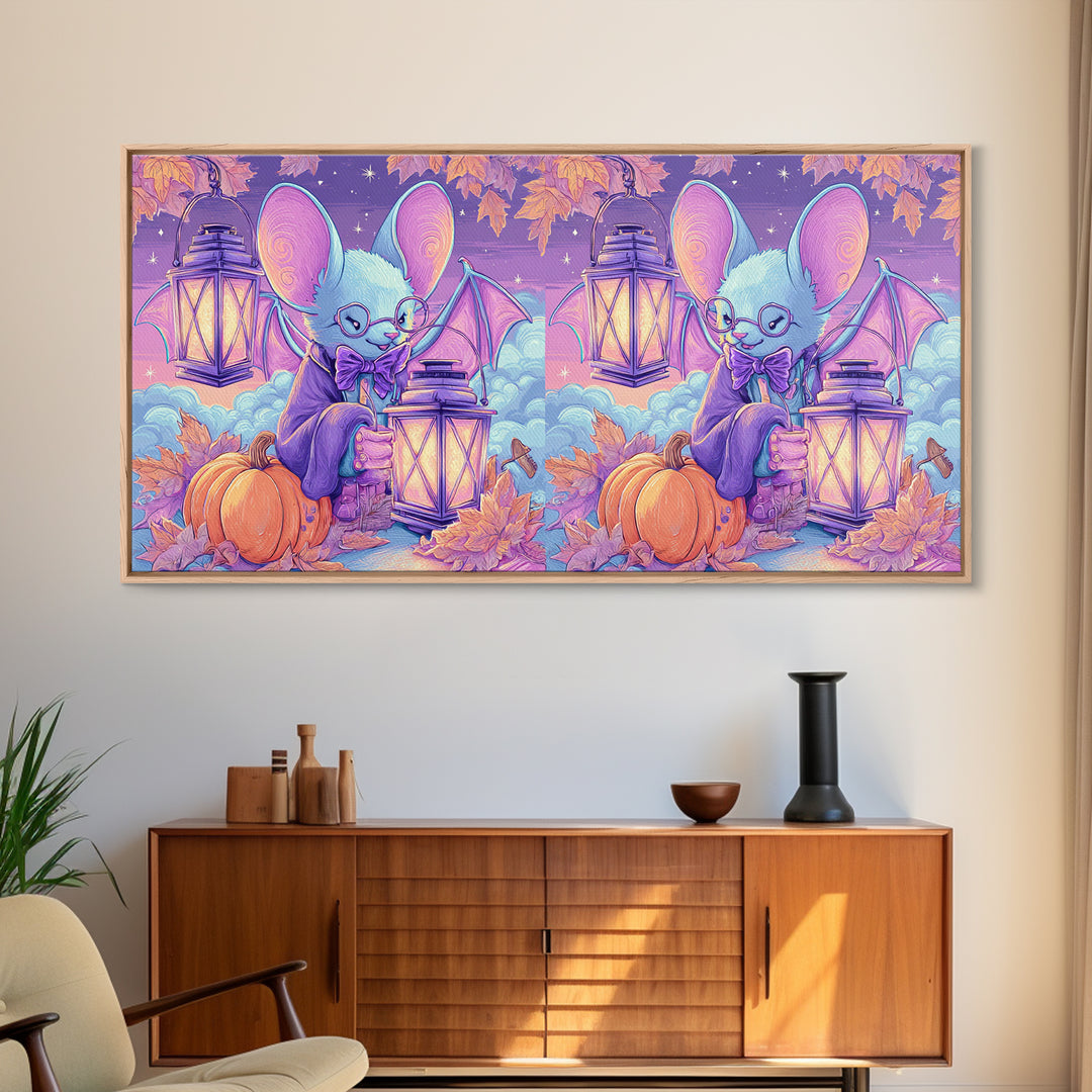 The Bow-Tie Bat, Vaporwave Halloween Decor, Wide Panoramic Art, Framed Canvas Print, Retro Halloween Decor, Neon Wall Art