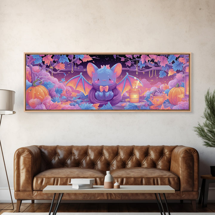 The Bow-Tie Bat, Cute Spooky Neon Art, Extra Wide Wall Art, Canvas Print, Retro Halloween Decor, Neon Wall Art, Dark Fantasy Art