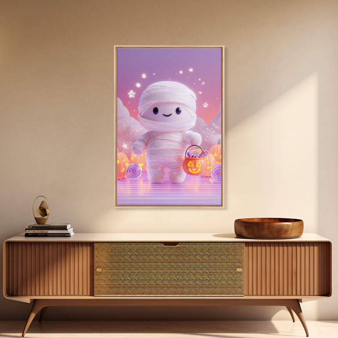 The Shy Little Mummy, Cute Spooky Neon Art, Vertical Wall Art, Framed Canvas Print, Retro Halloween Decor, Neon Wall Art