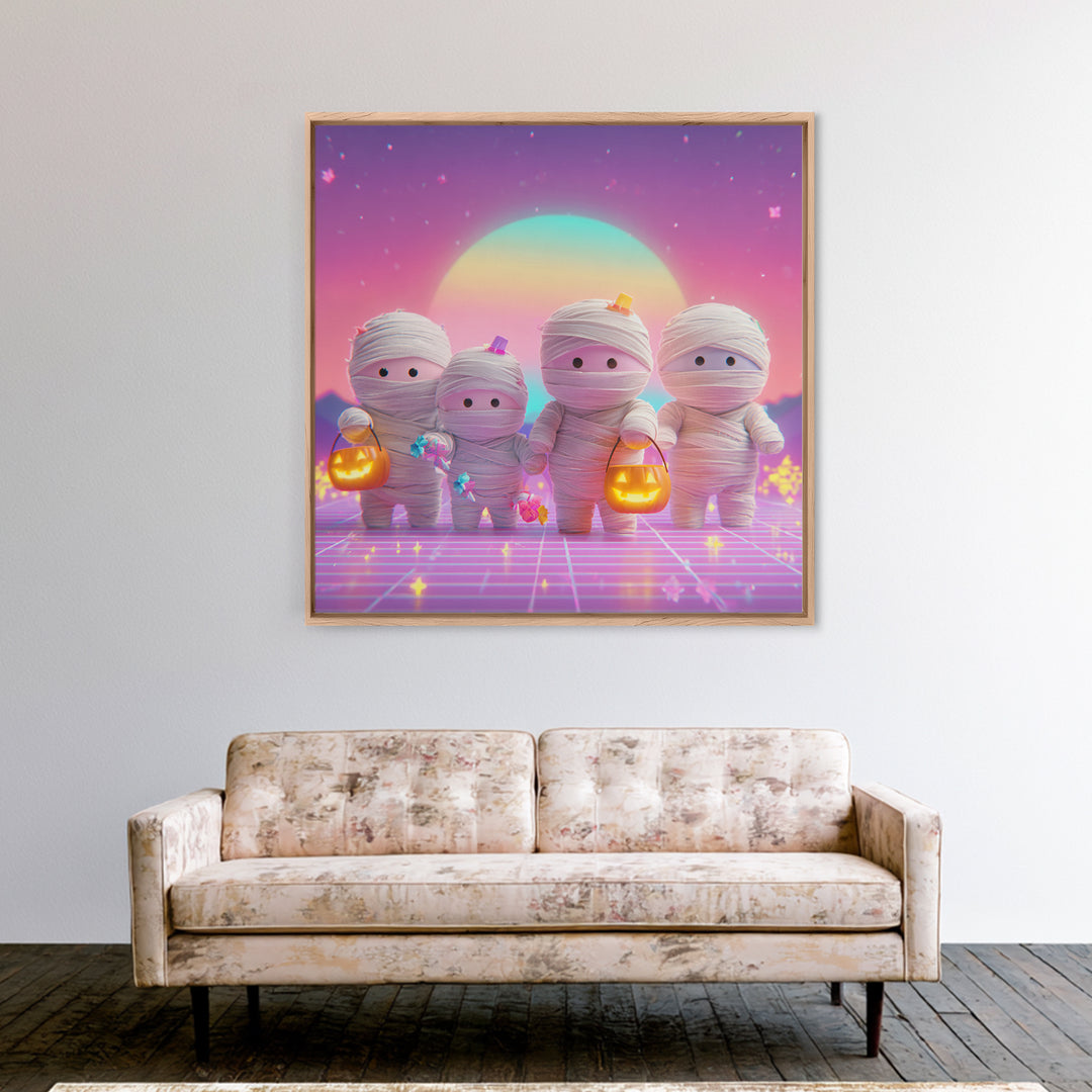 The Shy Little Mummy, Retro Neon Halloween Art, Square Wall Art, Canvas Print, Retro Halloween Decor, Neon Wall Art, Seasonal Home Decor