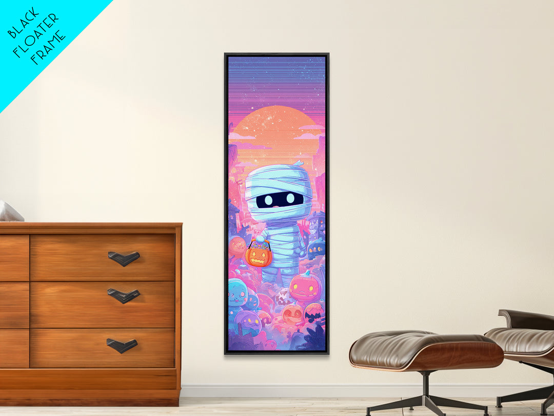 The Shy Little Mummy, Synthwave Halloween Art, Tall Narrow Wall Art, Canvas Print, Retro Halloween Decor, Neon Wall Art