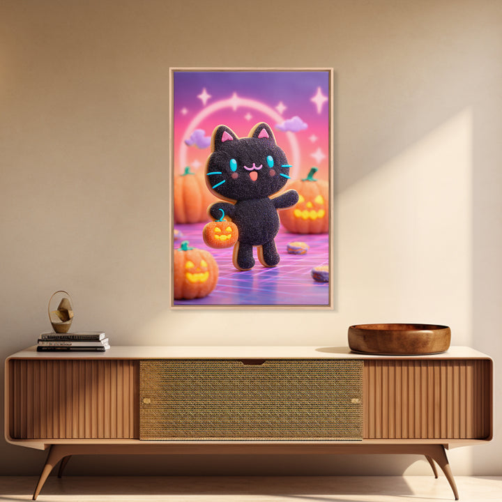 The Black Cat Baker, Cute Spooky Neon Art, Vertical Wall Art, Canvas Print, Retro Halloween Decor, Neon Wall Art, Horror Wall Art