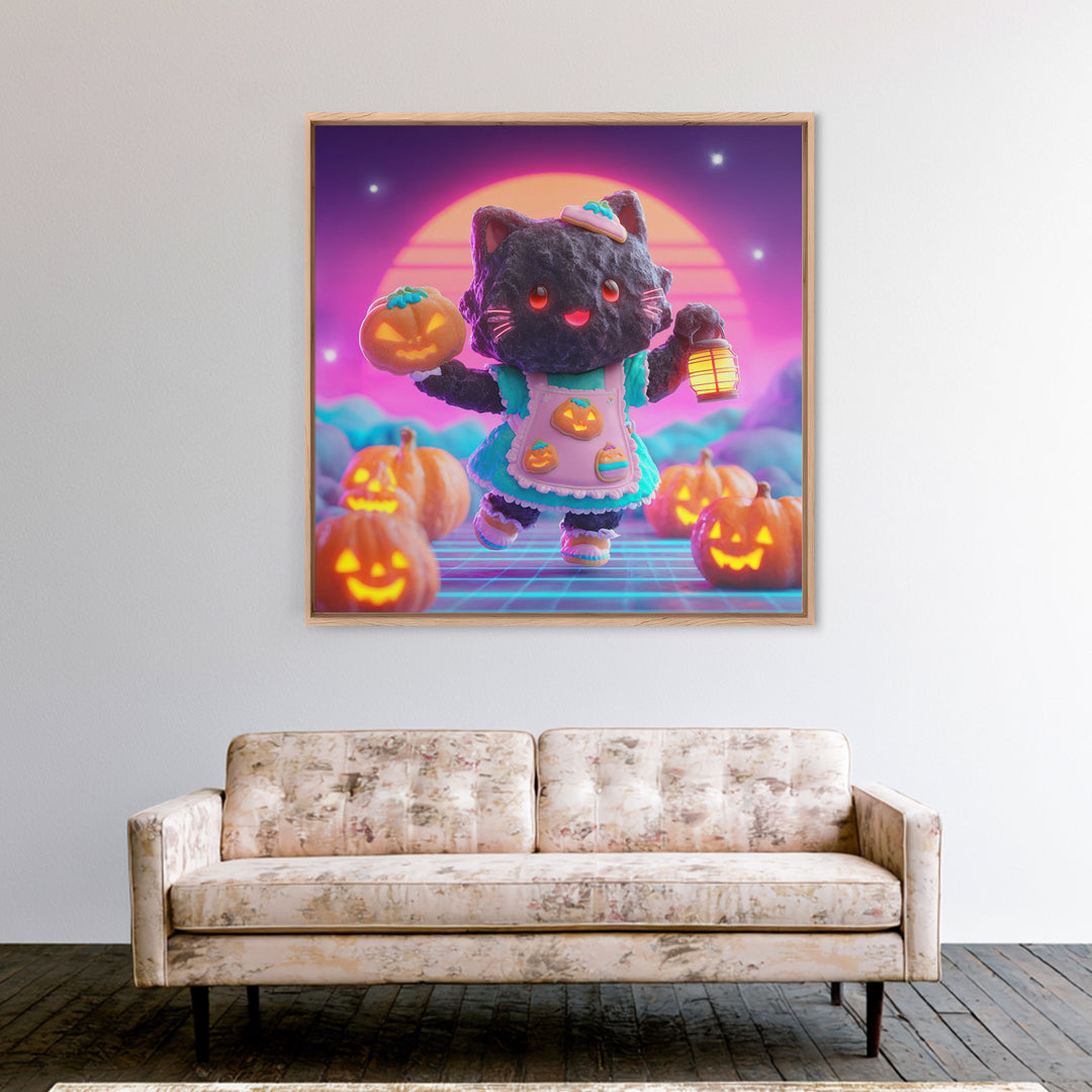 The Black Cat Baker, Vaporwave Halloween Decor, Square Wall Art, Framed Canvas Print, Retro Halloween Decor, Neon Wall Art, Horror Wall Art