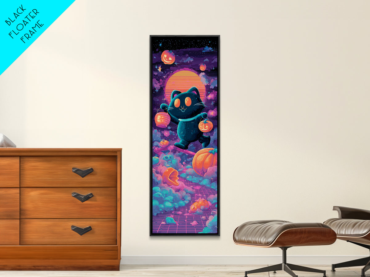 The Black Cat Baker, Cute Spooky Neon Art, Tall Narrow Wall Art, Framed Canvas Print, Retro Halloween Decor, Neon Wall Art
