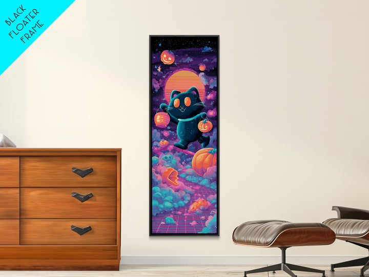 The Black Cat Baker, Cute Spooky Neon Art, Tall Narrow Wall Art, Framed Canvas Print, Retro Halloween Decor, Neon Wall Art