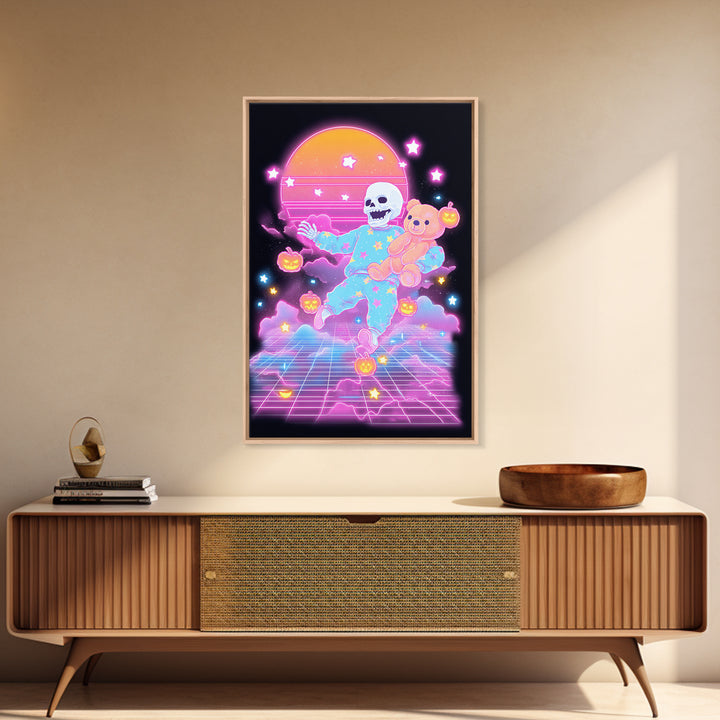The Pajama Skeleton, Synthwave Halloween Art, Vertical Wall Art, Framed Canvas Print, Retro Halloween Decor, Neon Wall Art