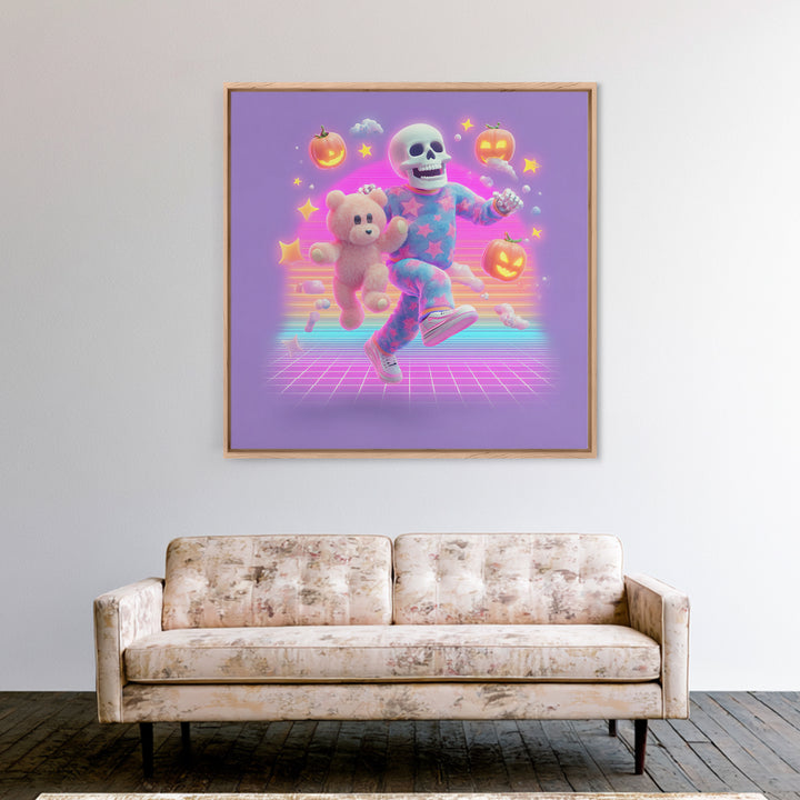 The Pajama Skeleton, Synthwave Halloween Art, Square Wall Art, Canvas Print, Retro Halloween Decor, Neon Wall Art, Spooky Wall Decor