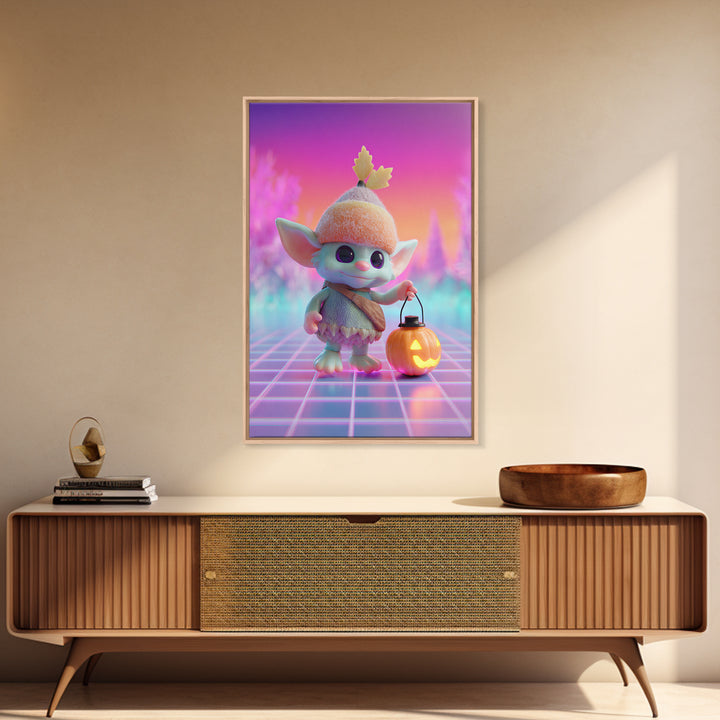 The Acorn Goblin, Cute Spooky Neon Art, Vertical Wall Art, Framed Canvas Print, Retro Halloween Decor, Neon Wall Art, Spooky Wall Decor
