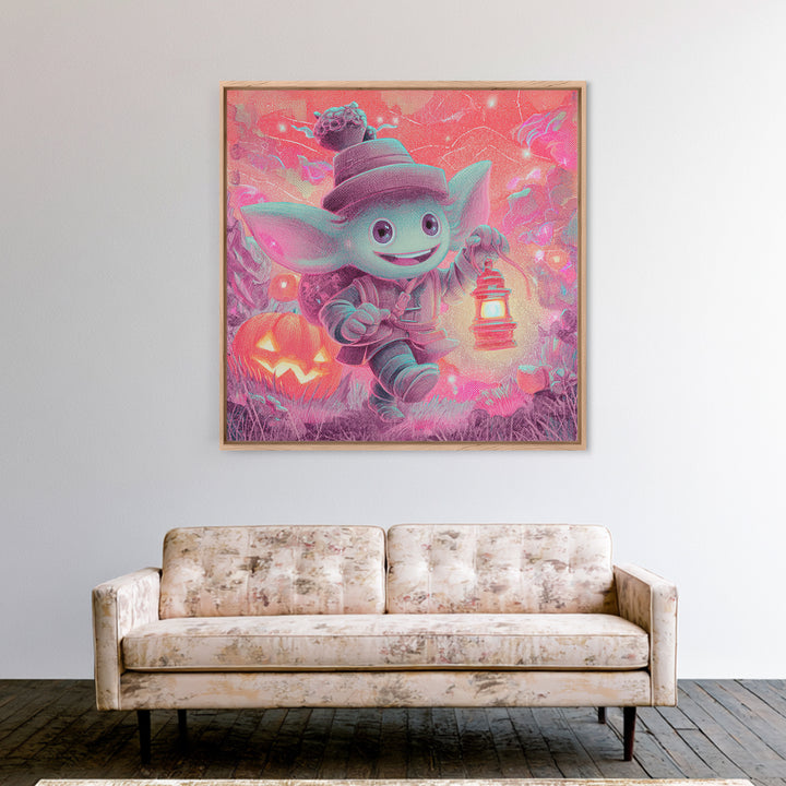 The Acorn Goblin, 80s Halloween Wall Art, Square Wall Art, Framed Canvas Print, Retro Halloween Decor, Neon Wall Art, Collectible Wall Decor