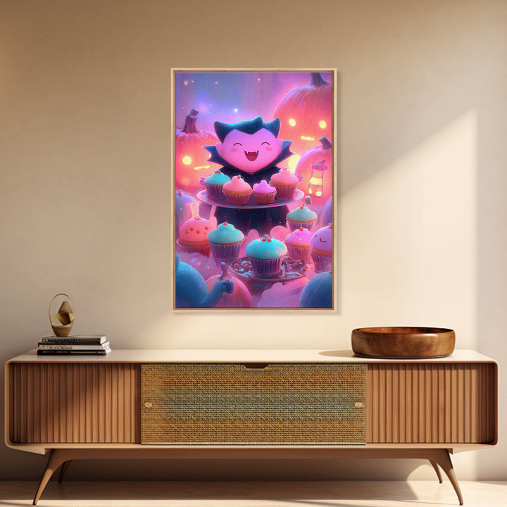 The Cupcake Vampire, Vaporwave Halloween Decor, Vertical Wall Art, Framed Canvas Print, Retro Halloween Decor, Neon Wall Art