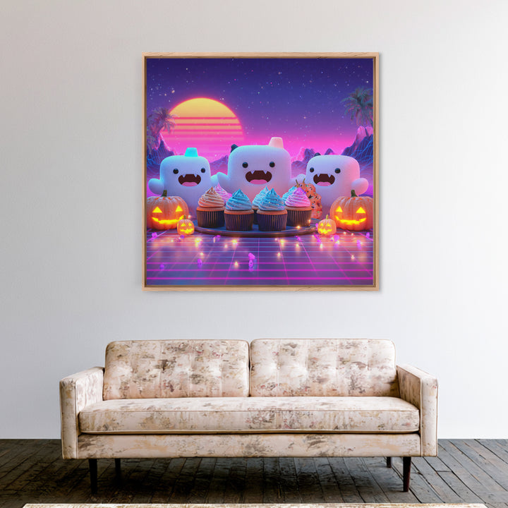 The Cupcake Vampire, Synthwave Halloween Art, Square Wall Art, Framed Canvas Print, Retro Halloween Decor, Neon Wall Art, Horror Wall Art