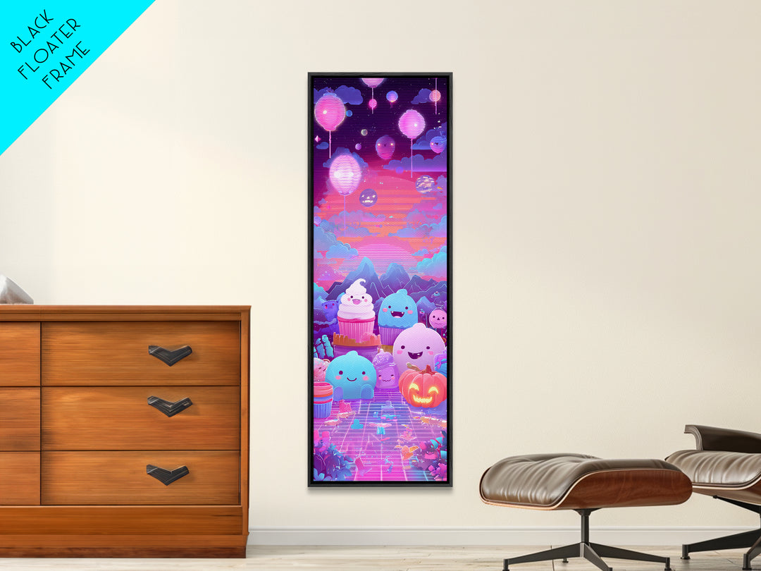 The Cupcake Vampire, Cute Spooky Neon Art, Tall Narrow Wall Art, Framed Canvas Print, Retro Halloween Decor, Neon Wall Art, Horror Wall Art