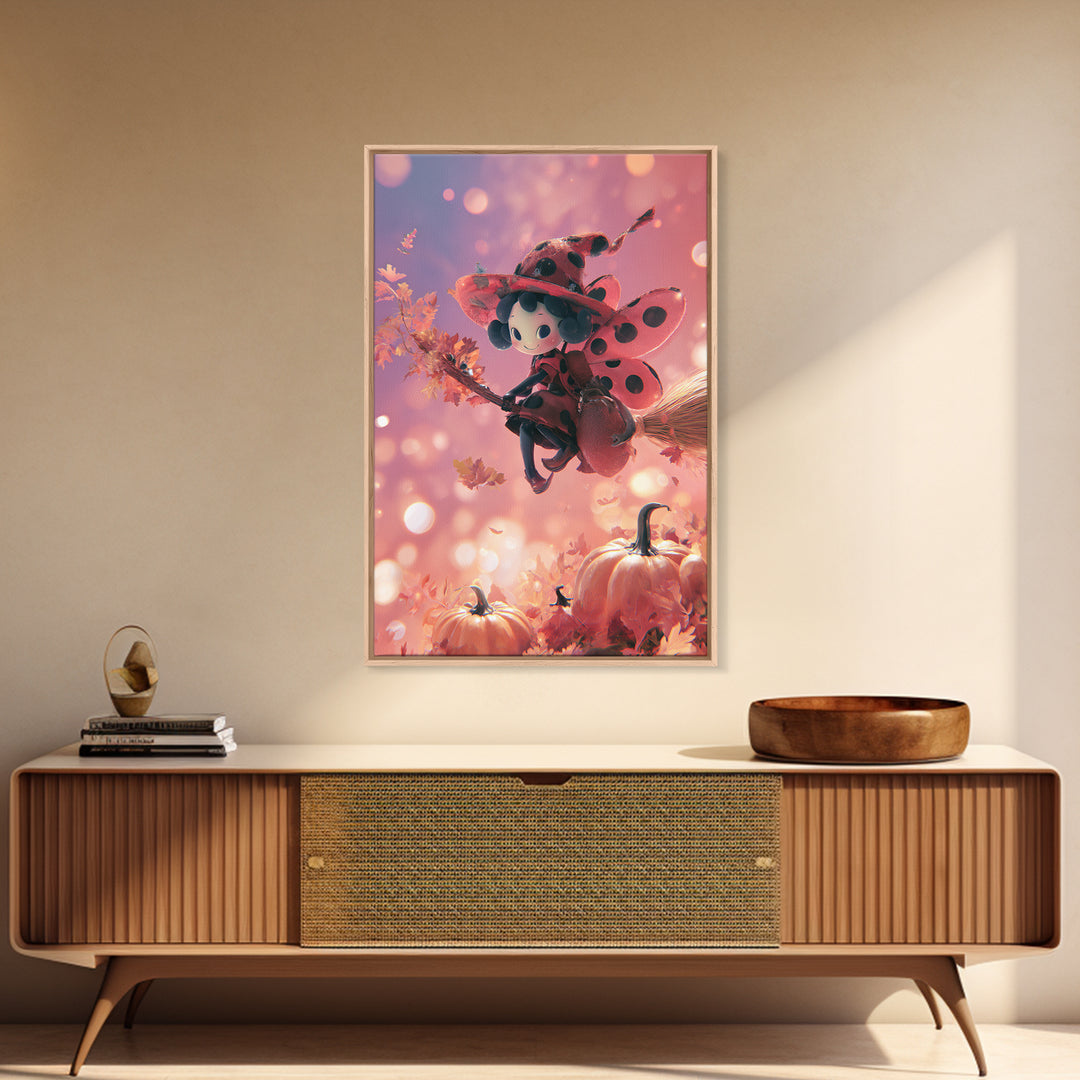 The Ladybug Witch, 80s Halloween Wall Art, Vertical Wall Art, Framed Canvas Print, Retro Halloween Decor, Neon Wall Art