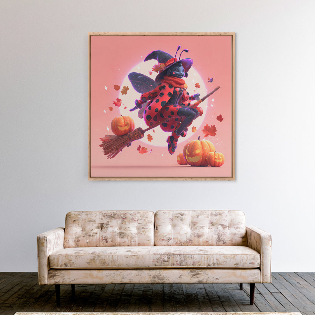 The Ladybug Witch, Retro Neon Halloween Art, Square Wall Art, Canvas Print, Retro Halloween Decor, Neon Wall Art, Halloween Wall Art