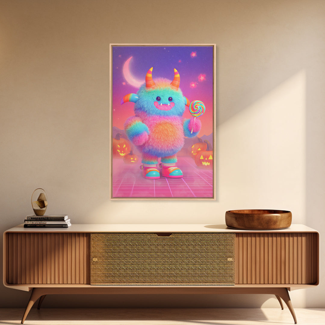 The Rainbow Monster, Vaporwave Halloween Decor, Vertical Wall Art, Canvas Print, Retro Halloween Decor, Neon Wall Art, Dark Fantasy Art