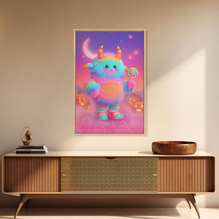 The Rainbow Monster, Vaporwave Halloween Decor, Vertical Wall Art, Canvas Print, Retro Halloween Decor, Neon Wall Art, Dark Fantasy Art