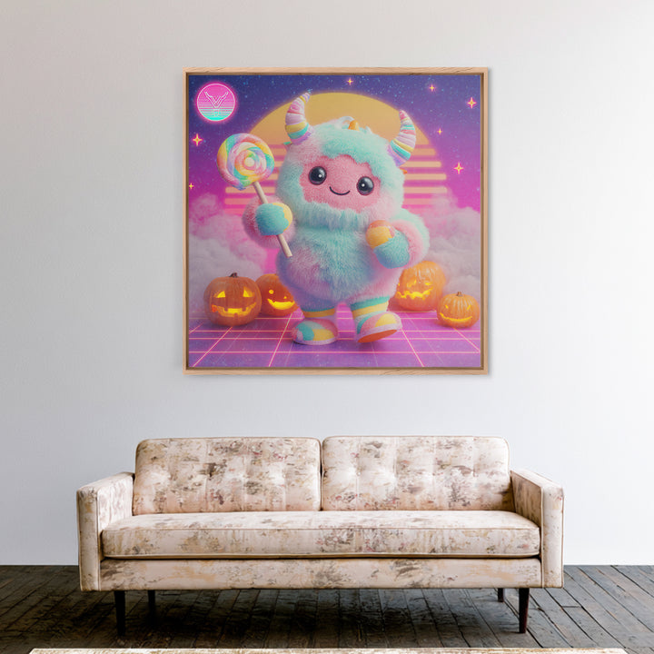 The Rainbow Monster, Synthwave Halloween Art, Square Wall Art, Canvas Print, Retro Halloween Decor, Neon Wall Art, Collectible Wall Decor