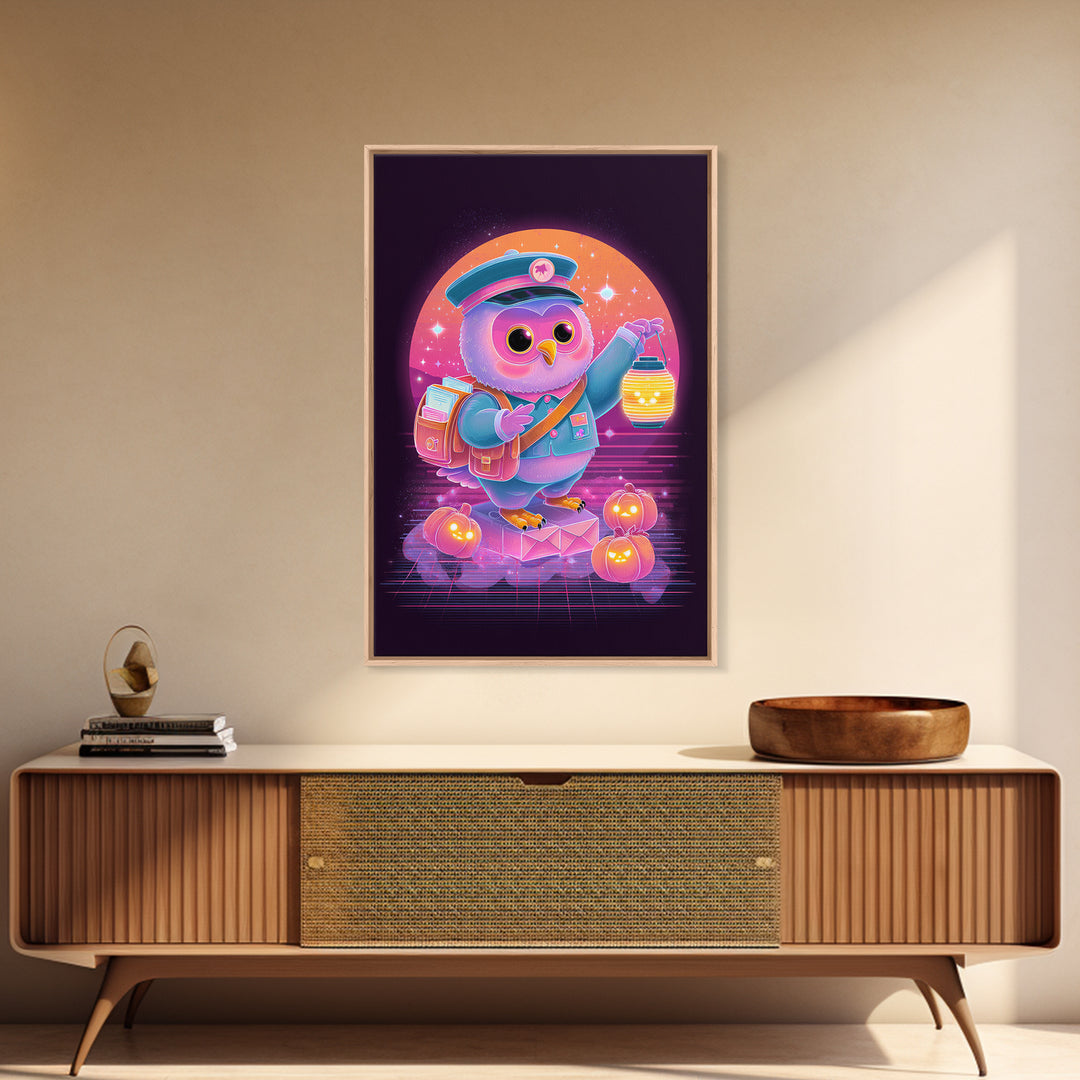 The Owl Postmaster, Cute Spooky Neon Art, Vertical Wall Art, Framed Canvas Print, Retro Halloween Decor, Neon Wall Art, Halloween Wall Art