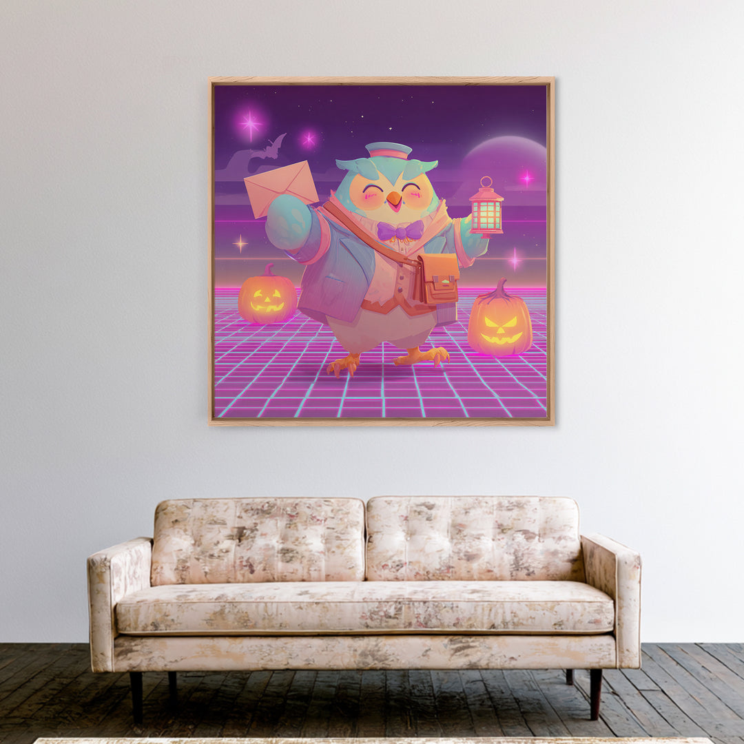 The Owl Postmaster, Retro Neon Halloween Art, Square Wall Art, Framed Canvas Print, Retro Halloween Decor, Neon Wall Art, Halloween Wall Art
