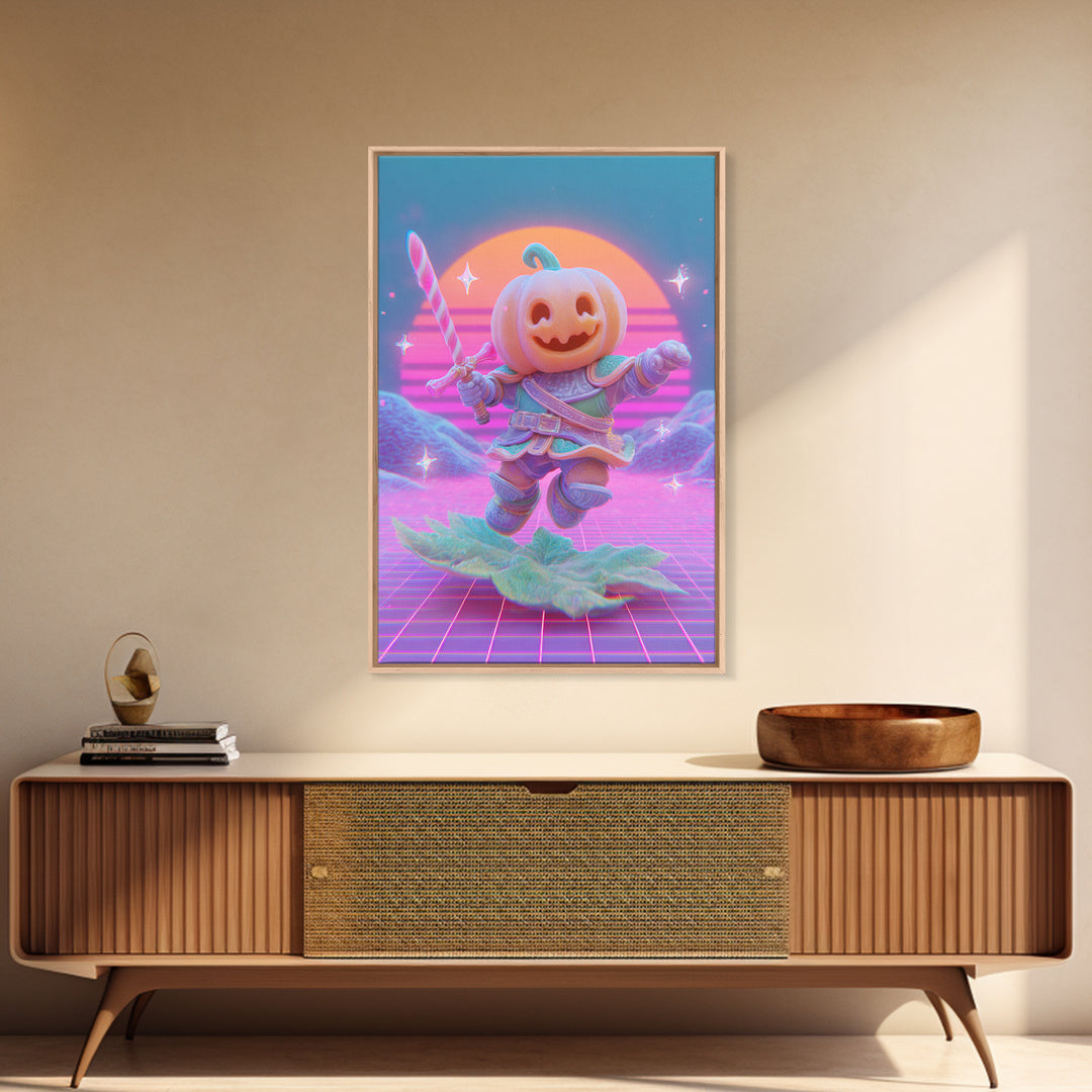 The Pumpkin Knight, 80s Halloween Wall Art, Vertical Wall Art, Framed Canvas Print, Retro Halloween Decor, Neon Wall Art, Horror Wall Art