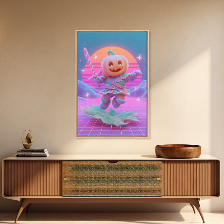 The Pumpkin Knight, 80s Halloween Wall Art, Vertical Wall Art, Framed Canvas Print, Retro Halloween Decor, Neon Wall Art, Horror Wall Art