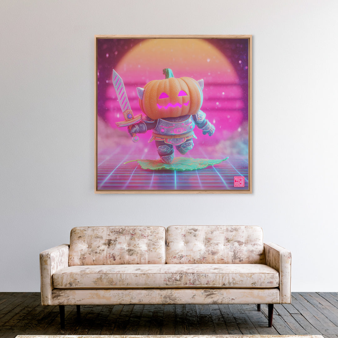 The Pumpkin Knight, Synthwave Halloween Art, Square Wall Art, Canvas Print, Retro Halloween Decor, Neon Wall Art, Spooky Wall Decor