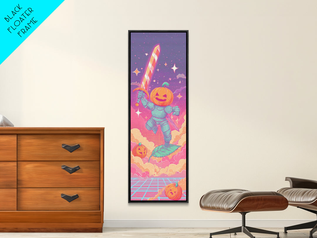 The Pumpkin Knight, Cute Spooky Neon Art, Tall Narrow Wall Art, Canvas Print, Retro Halloween Decor, Neon Wall Art, Dark Fantasy Art