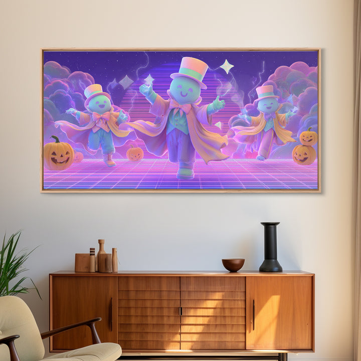 The Star-Cape Magician, Synthwave Halloween Art, Wide Panoramic Art, Framed Canvas Print, Retro Halloween Decor, Neon Wall Art