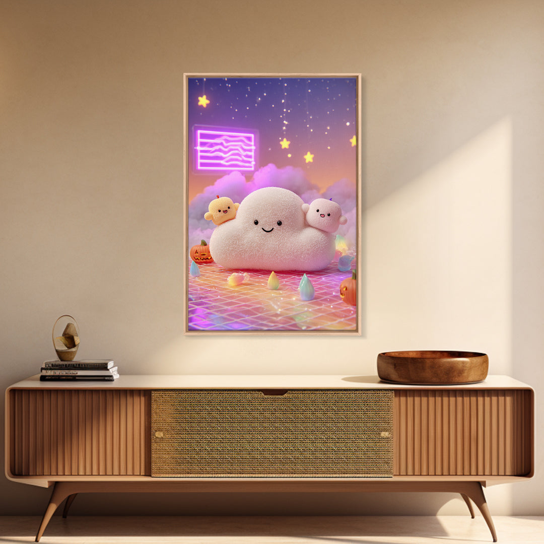 The Cloud Ghost, Retro Neon Halloween Art, Vertical Wall Art, Canvas Print, Retro Halloween Decor, Neon Wall Art, Seasonal Home Decor