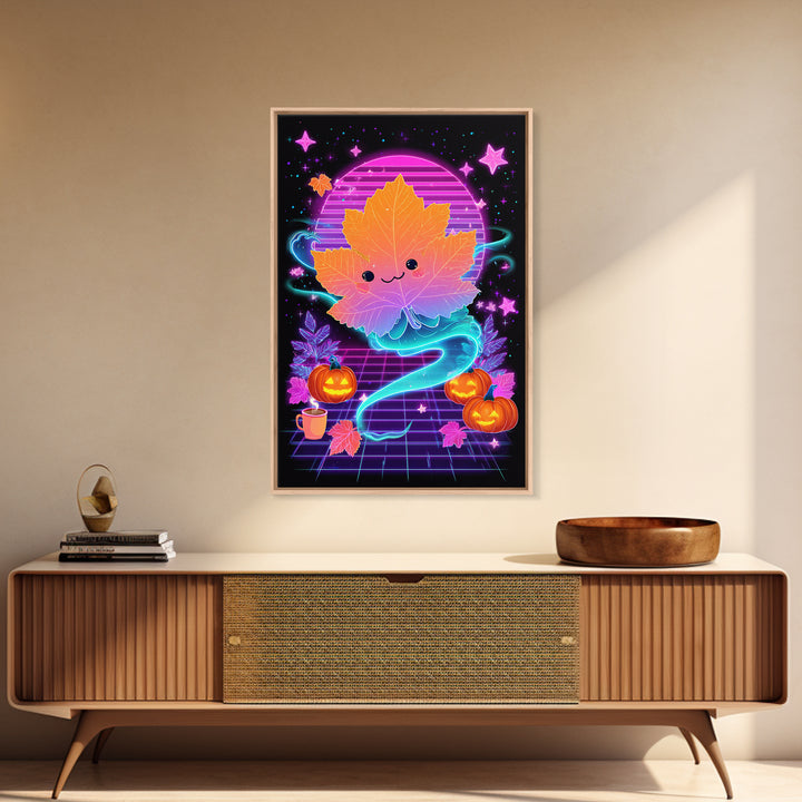 The Autumn Leaf Sprite, Retro Neon Halloween Art, Vertical Wall Art, Canvas Print, Retro Halloween Decor, Neon Wall Art, Horror Wall Art