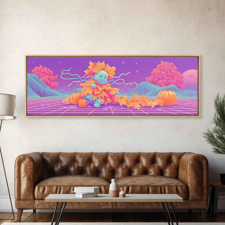 The Autumn Leaf Sprite, Retro Neon Halloween Art, Extra Wide Wall Art, Framed Canvas Print, Retro Halloween Decor, Neon Wall Art
