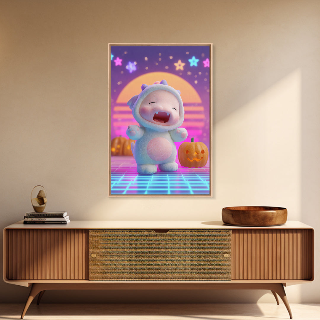 The Sleepy Costume Dragon, Synthwave Halloween Art, Vertical Wall Art, Canvas Print, Retro Halloween Decor, Neon Wall Art, Gothic Home Decor