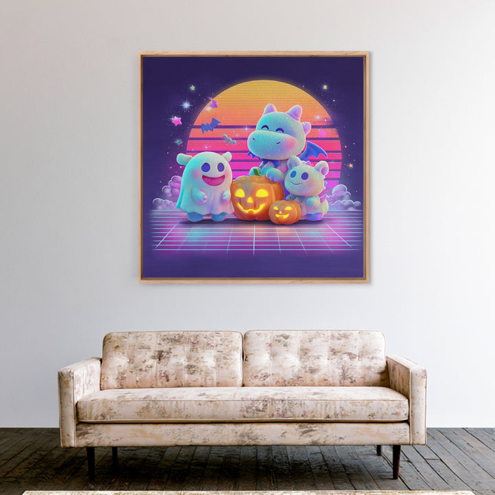 The Sleepy Costume Dragon, Vaporwave Halloween Decor, Square Wall Art, Canvas Print, Retro Halloween Decor, Neon Wall Art