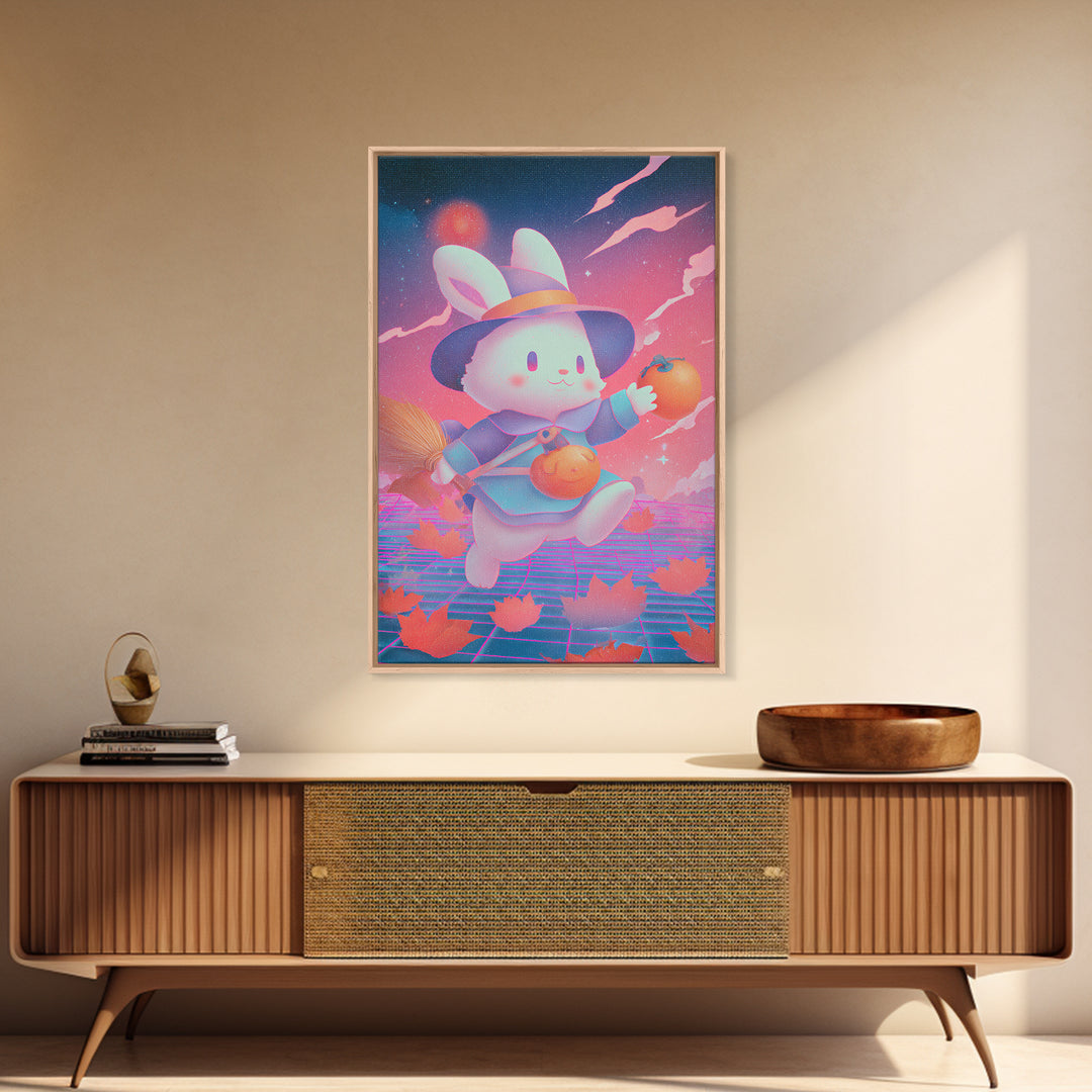 The Bunny Witch, Retro Neon Halloween Art, Vertical Wall Art, Canvas Print, Retro Halloween Decor, Neon Wall Art, Collectible Wall Decor