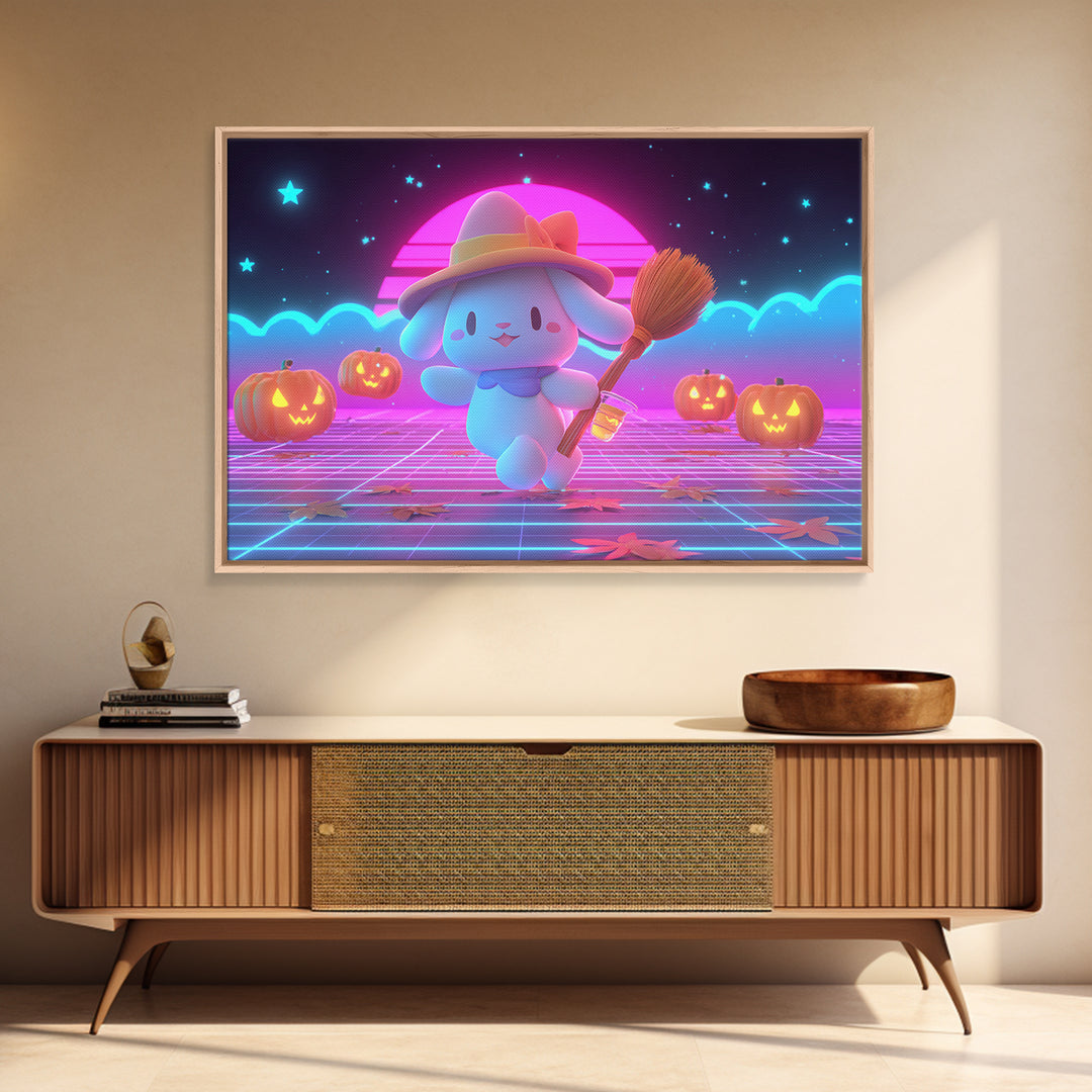 The Bunny Witch, Retro Neon Halloween Art, Landscape Wall Art, Framed Canvas Print, Retro Halloween Decor, Neon Wall Art